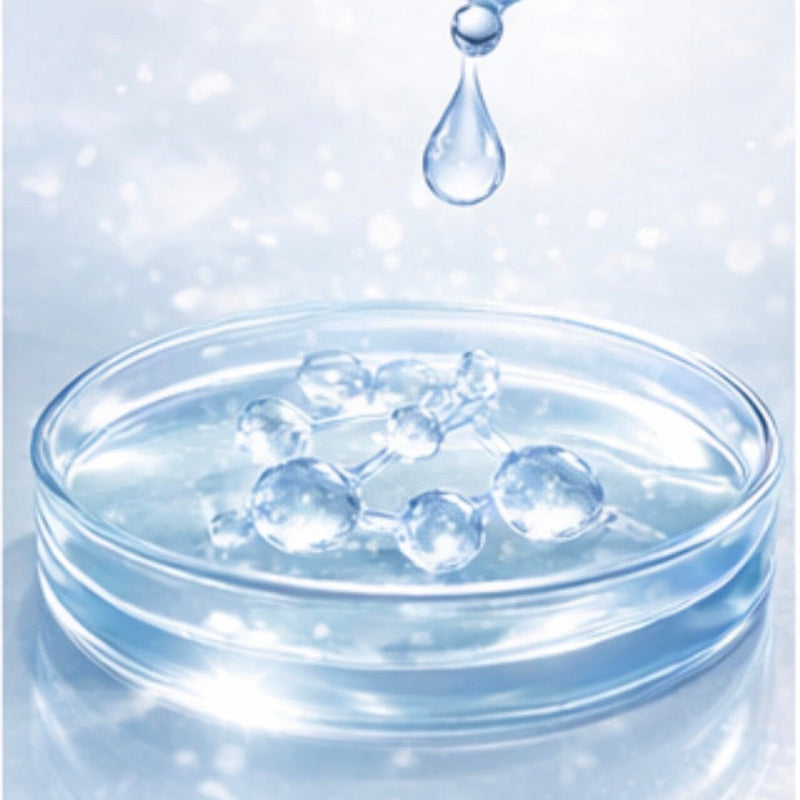 Clear gel-like substance in a petri dish with a droplet above, on a light blue background